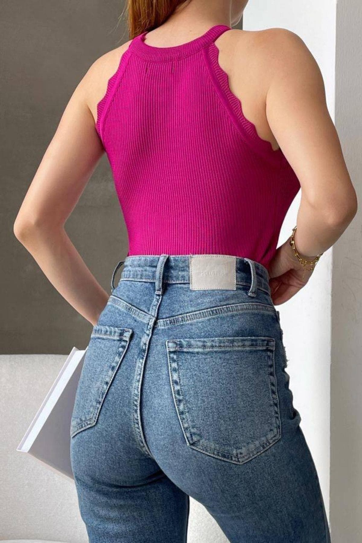 Halter Yaka Zikzak Detaylı Triko Bluz Mor