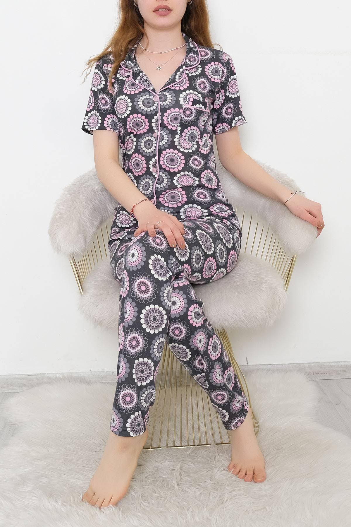 Düğmeli Pijama Takımı Fümepembe