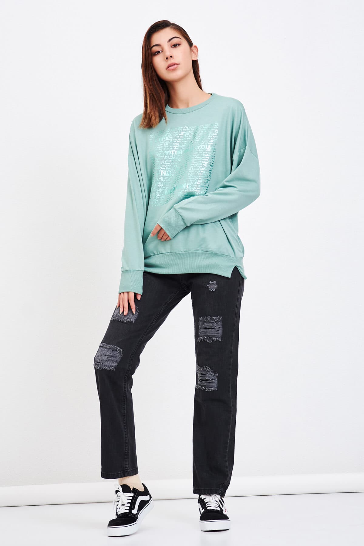 Parlak Yazı Detaylı Sweat Mint