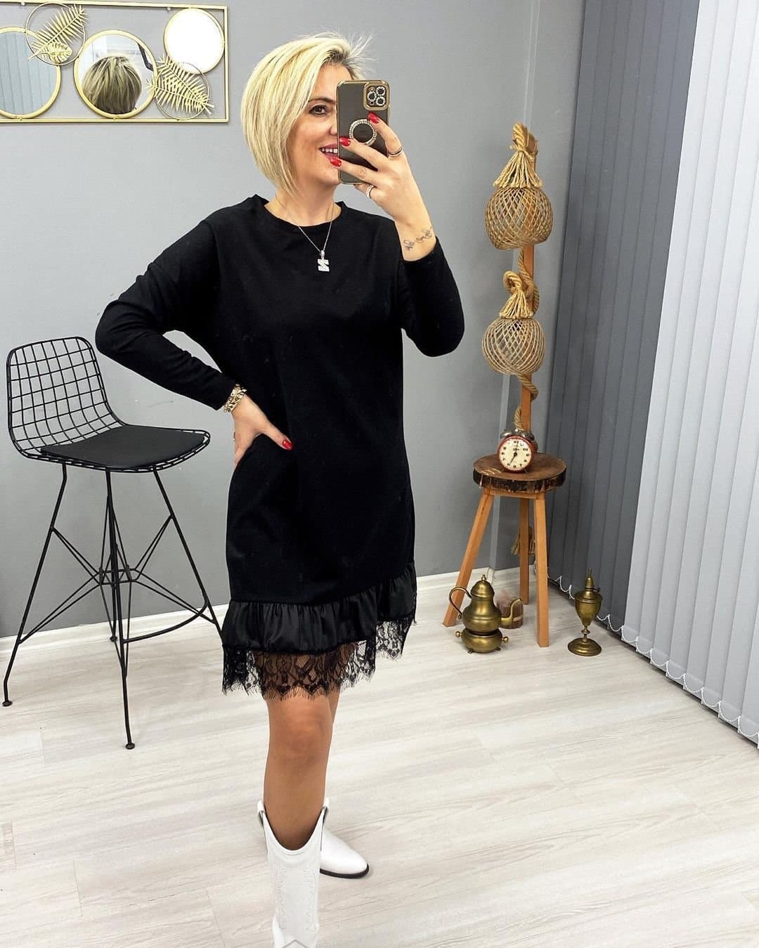 Kadın Bisiklet Yaka Dantel Ve Deri Detay Iki Iplik Mini Elbise