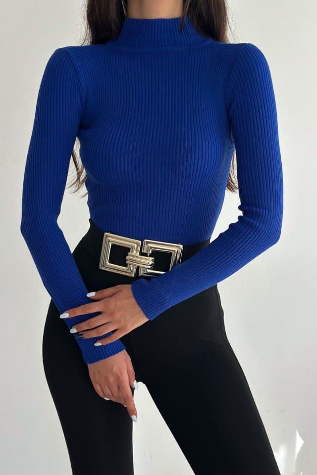 Dik Yaka Uzun Kollu Fitilli Crop Triko Saks