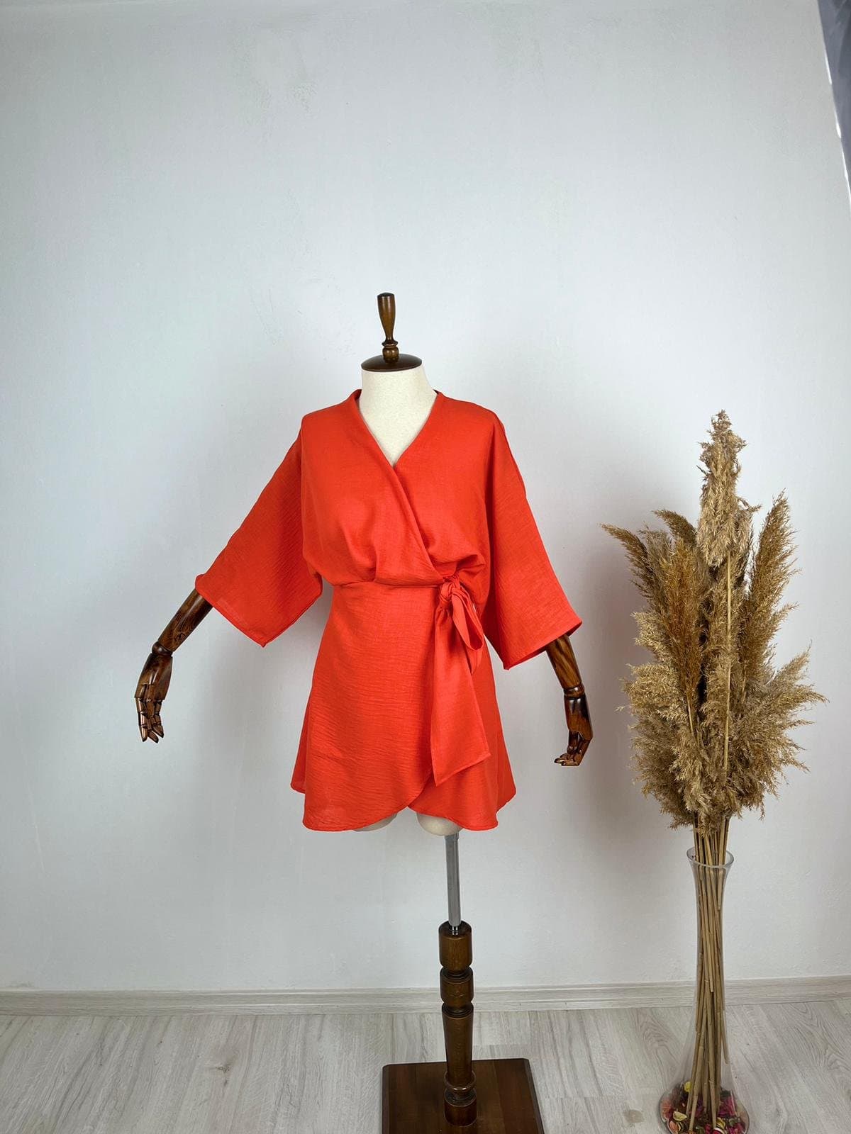 Kadın Fakir Kol Fiyonk Fetay Keten Kumaş Mini Kimono Elbise