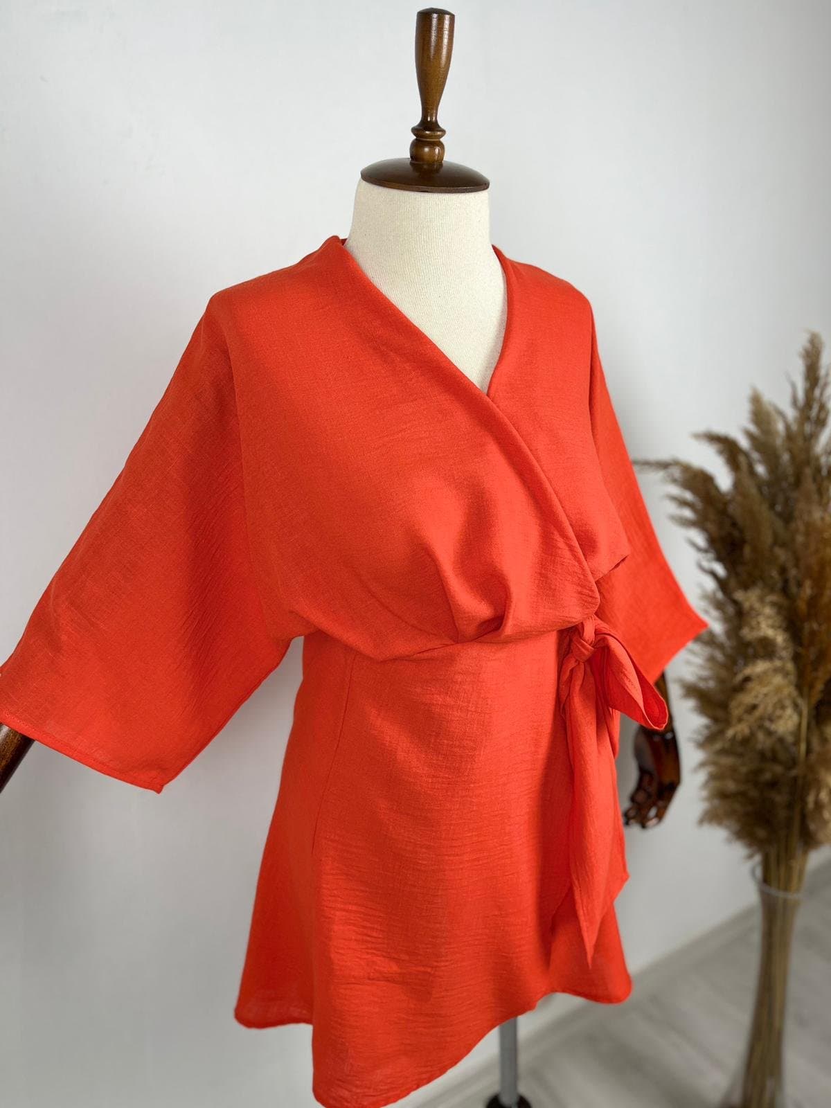 Kadın Fakir Kol Fiyonk Fetay Keten Kumaş Mini Kimono Elbise