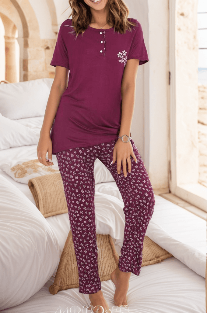Desenli Pijama Takımı Mor