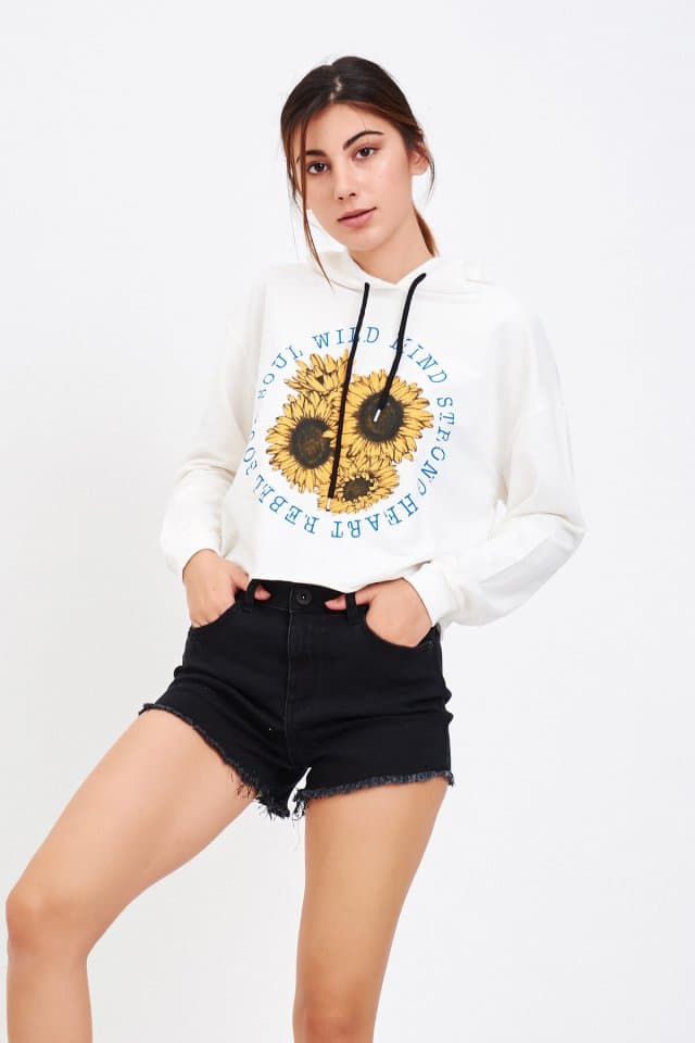 Baskılı Kısa Sweatshirt Beyaz