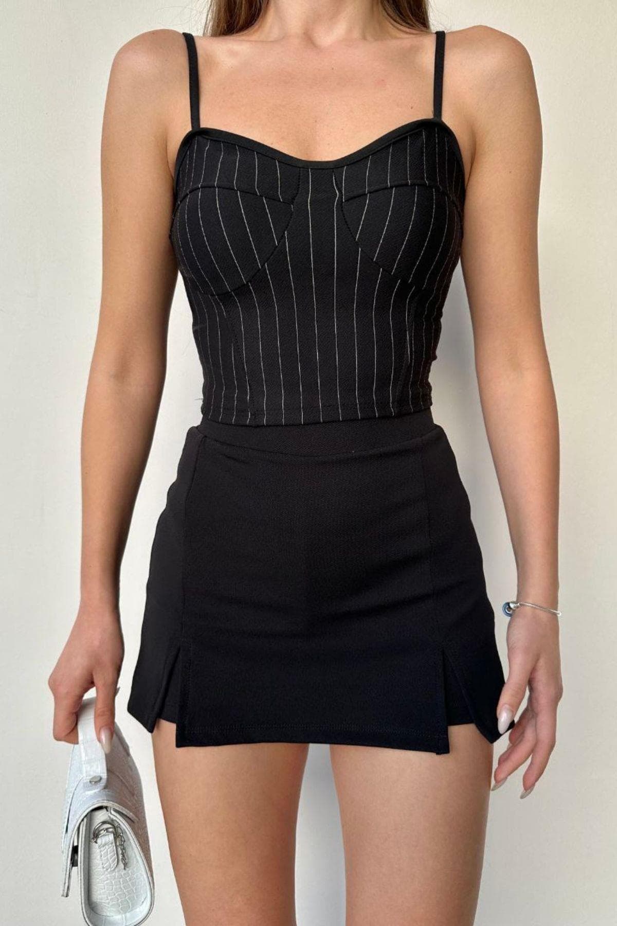 İnce Askılı Büstiyer Crop Siyah