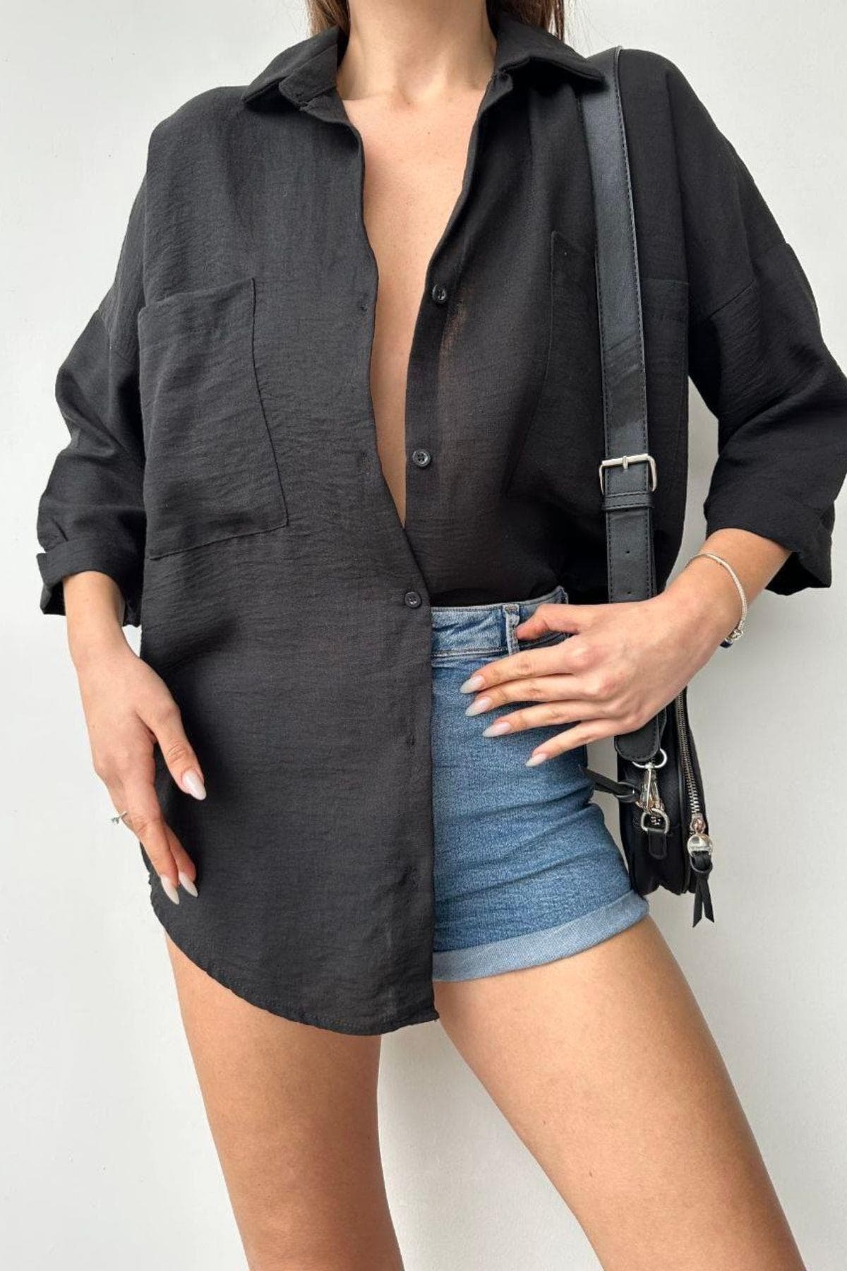Arina Basic Cepli Keten Gömlek Siyah