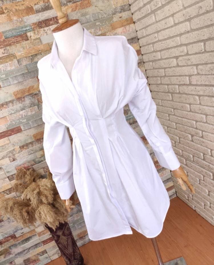 Kadın Pamuk Polyester Kumaş Belden Pileli Gömlek Elbise