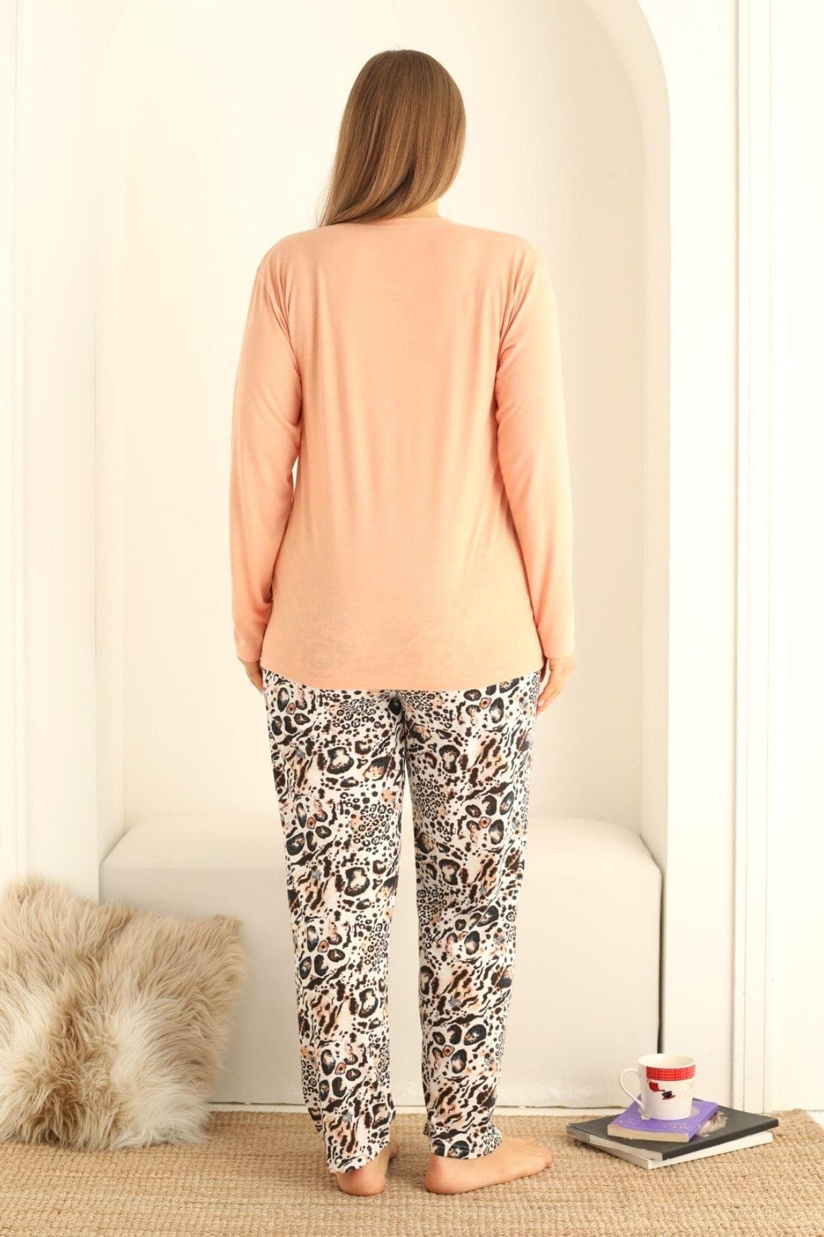 Düğmeli Uzun Kollu Büyük Beden Pijama Takımı Somon