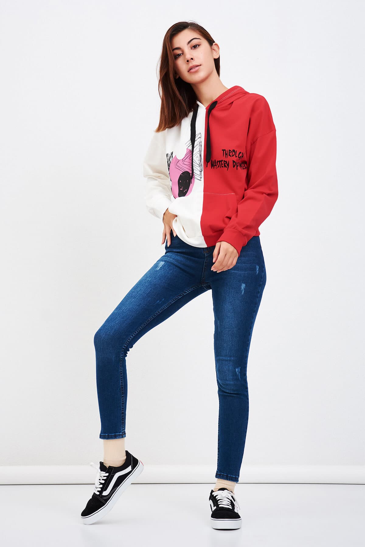 Çift Renk Baskılı Sweatshirt Kırmızı