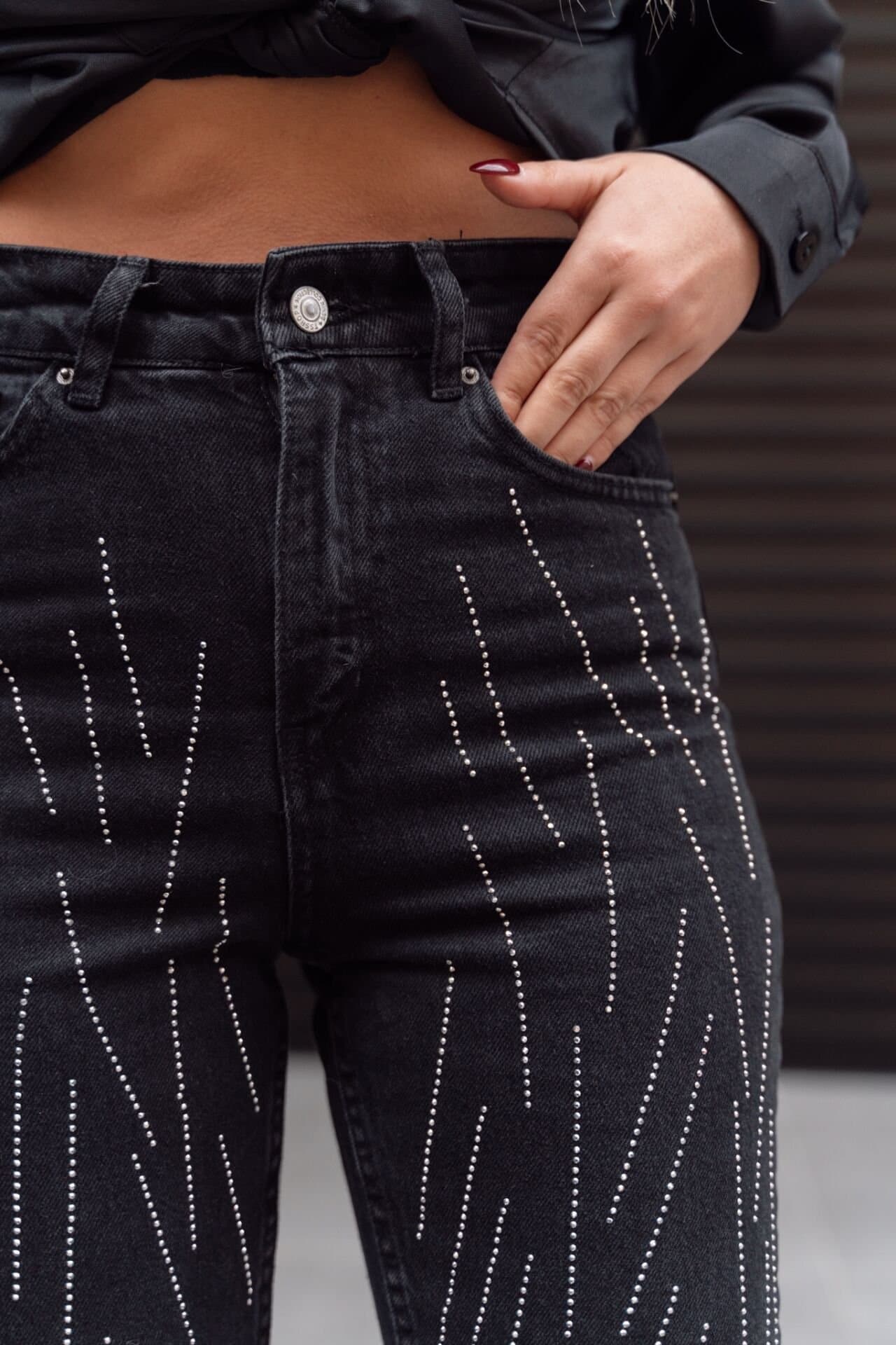 Kadın Yüksek Bel Taş çubuk Taş Işlemeli Mom Jeans Kot Pantolon