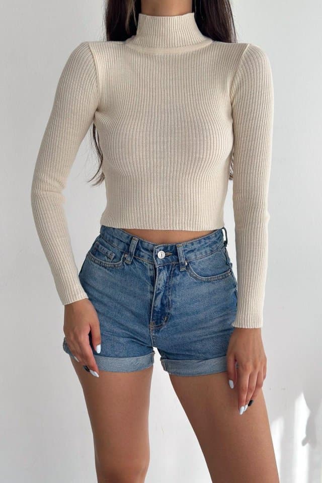 Dik Yaka Uzun Kollu Fitilli Crop Triko Ekru