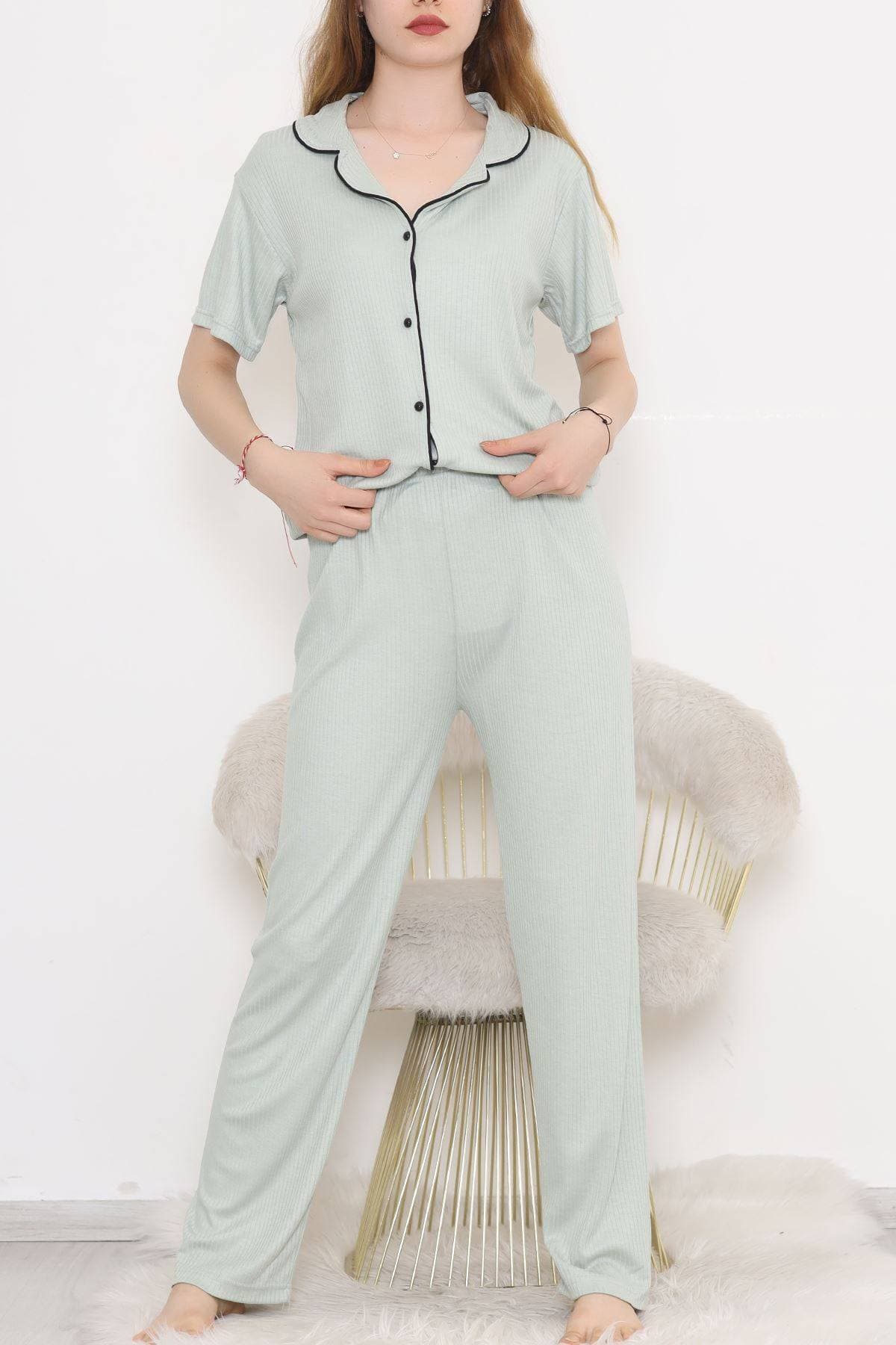 Fitilli Düğmeli Pijama Takımı Koyumint
