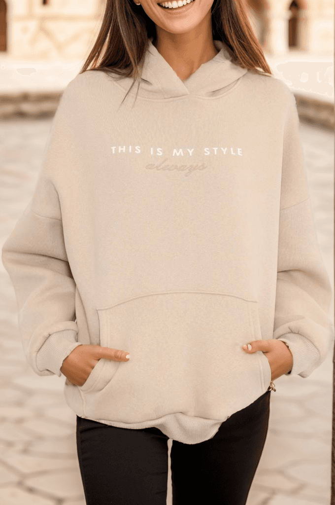Baskılı Kapşonlu Sweat Bej