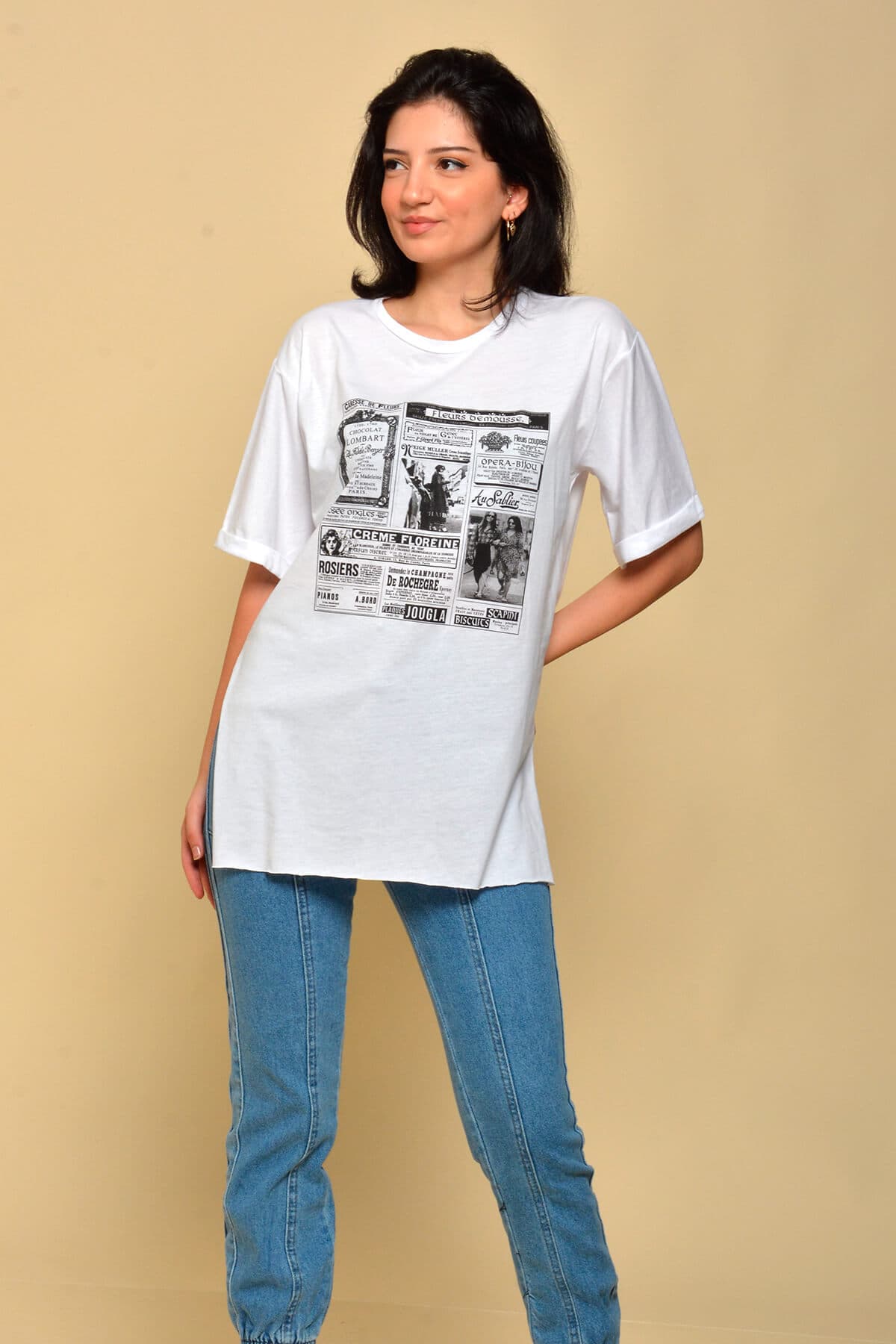 Yırtmaçlı Salaş T-Shirt Beyaz