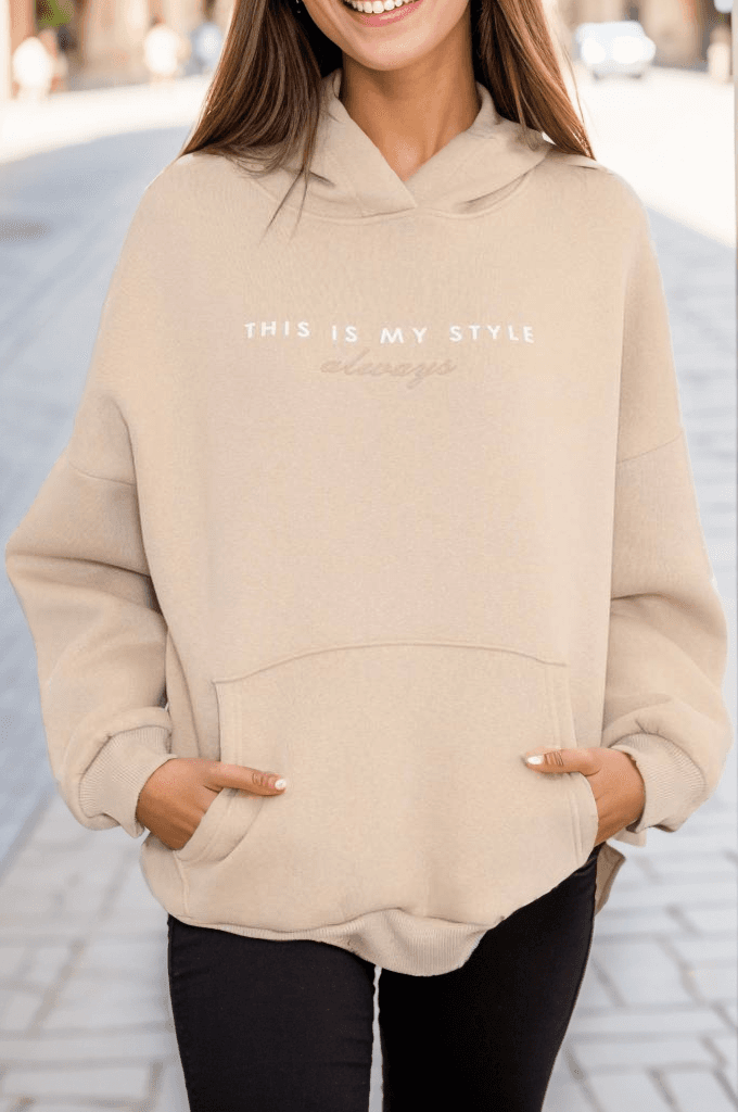 Baskılı Kapşonlu Sweat Bej