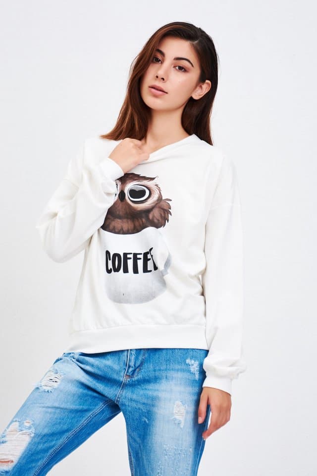Baykuş Baskılı Sweat Beyaz