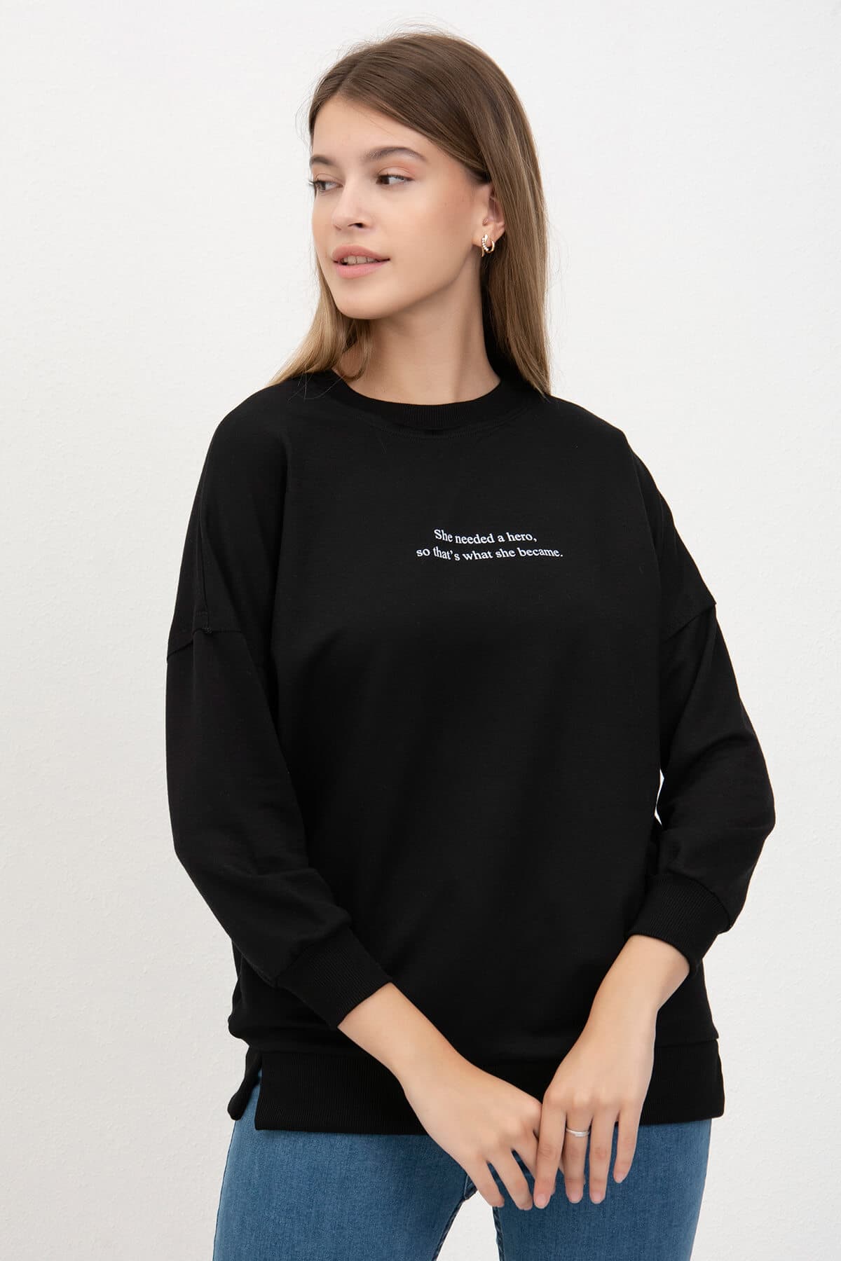 Yazı Baskılı Sweat Siyah