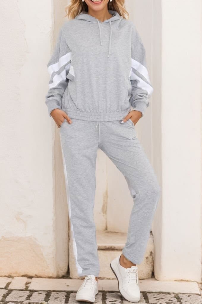 Kalın Şerit Eşofman Takımı Gribeyaz