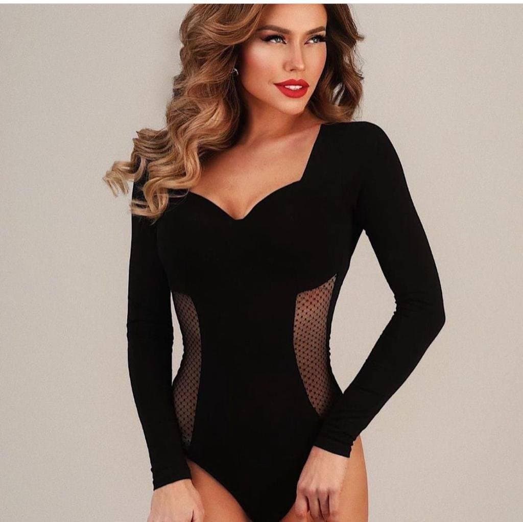 Kadın Likralı Sandy Ve Puantiye Tül Kumaş Bodysuit