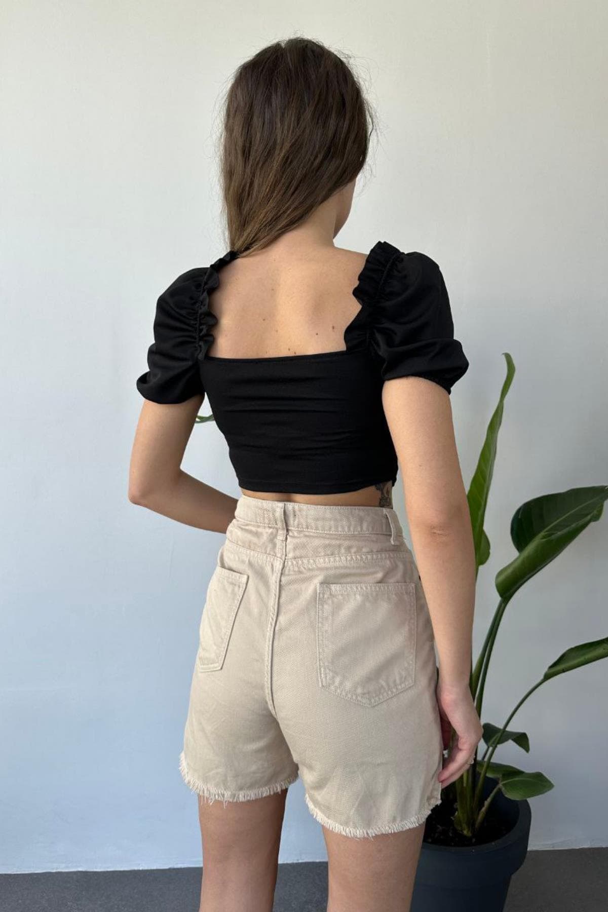 Balon Kol Büstiyer Crop Siyah