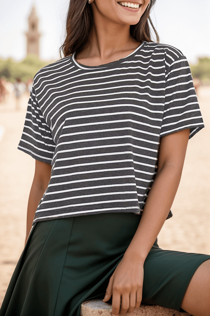 Çizgili Crop Tişört Fümebeyaz