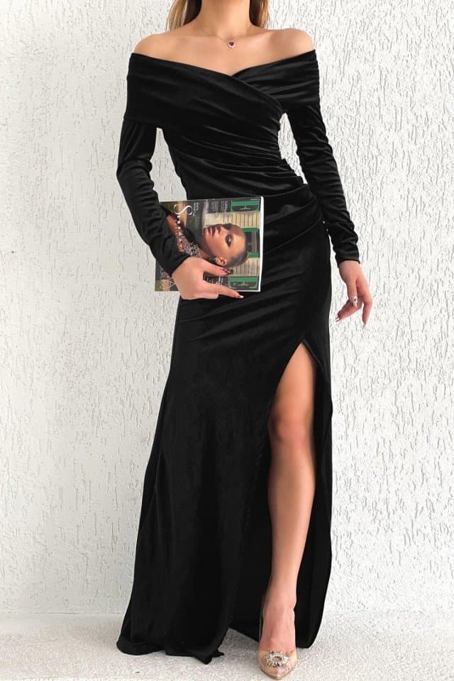 Kadife Düşük Omuz Uzun Elbise Siyah