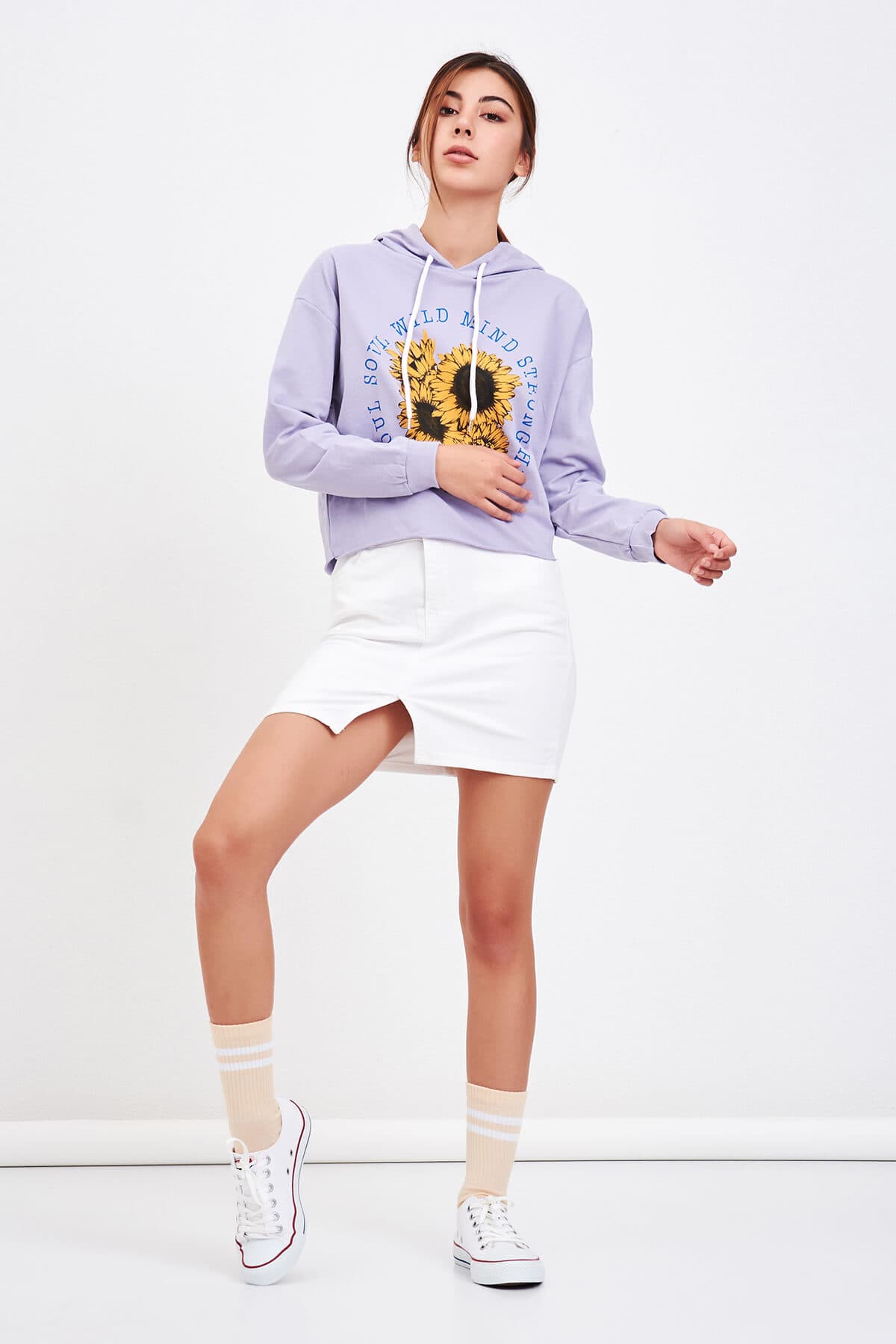 Baskılı Kısa Sweatshirt Lila