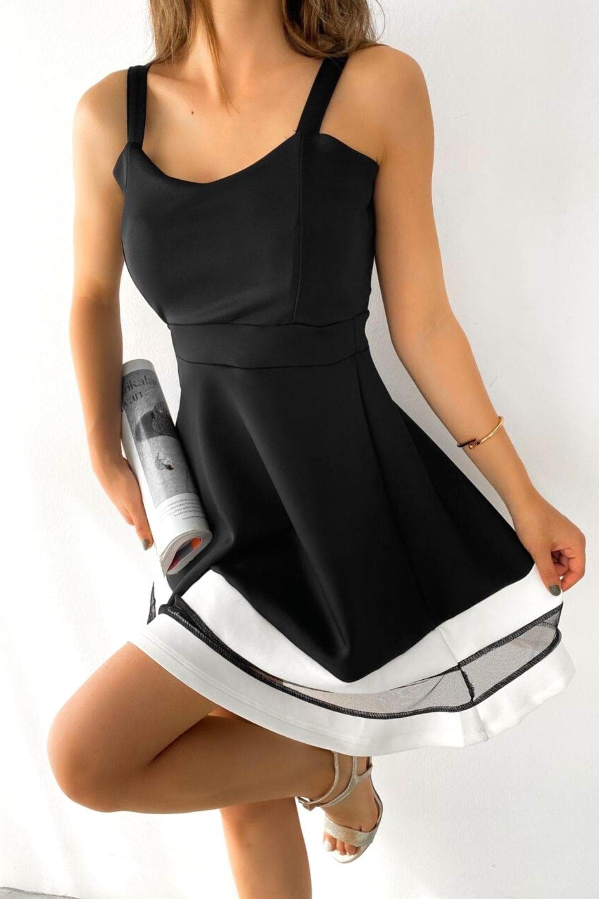 Askılı Scuba Mini Elbise Siyah