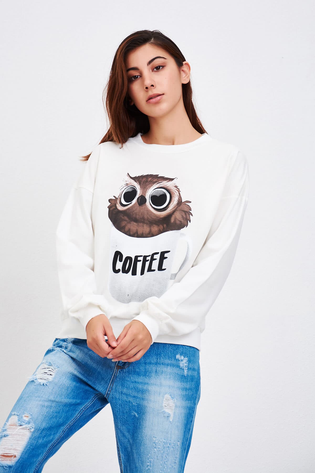 Baykuş Baskılı Sweat Beyaz