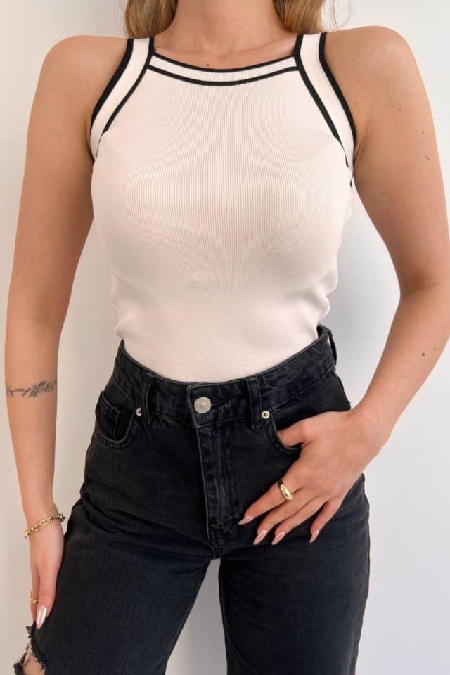 Çift Renk Halter Yaka Triko Bluz Beyaz
