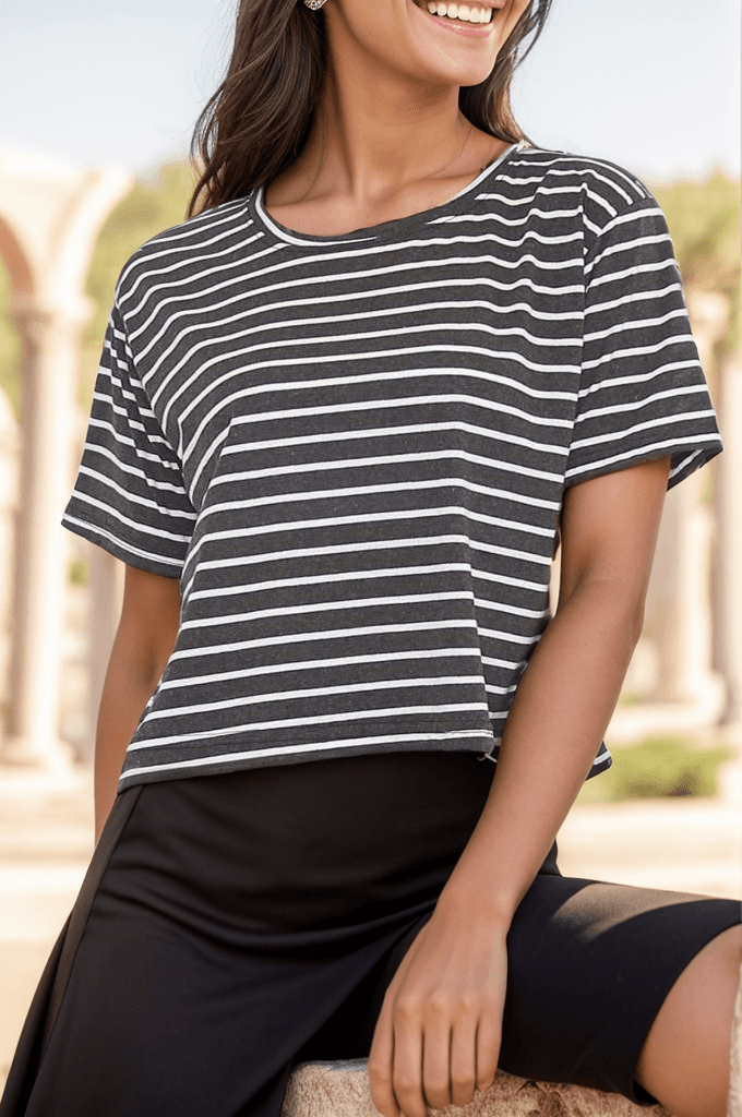 Çizgili Crop Tişört Fümebeyaz