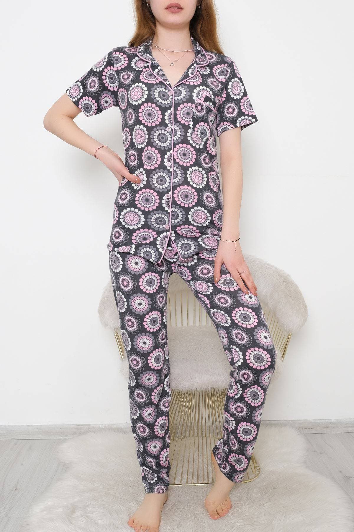Düğmeli Pijama Takımı Fümepembe
