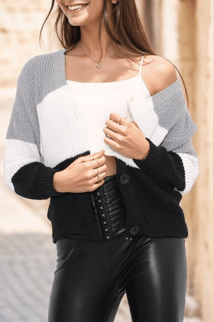 Üç Renk Crop Hırka Gri
