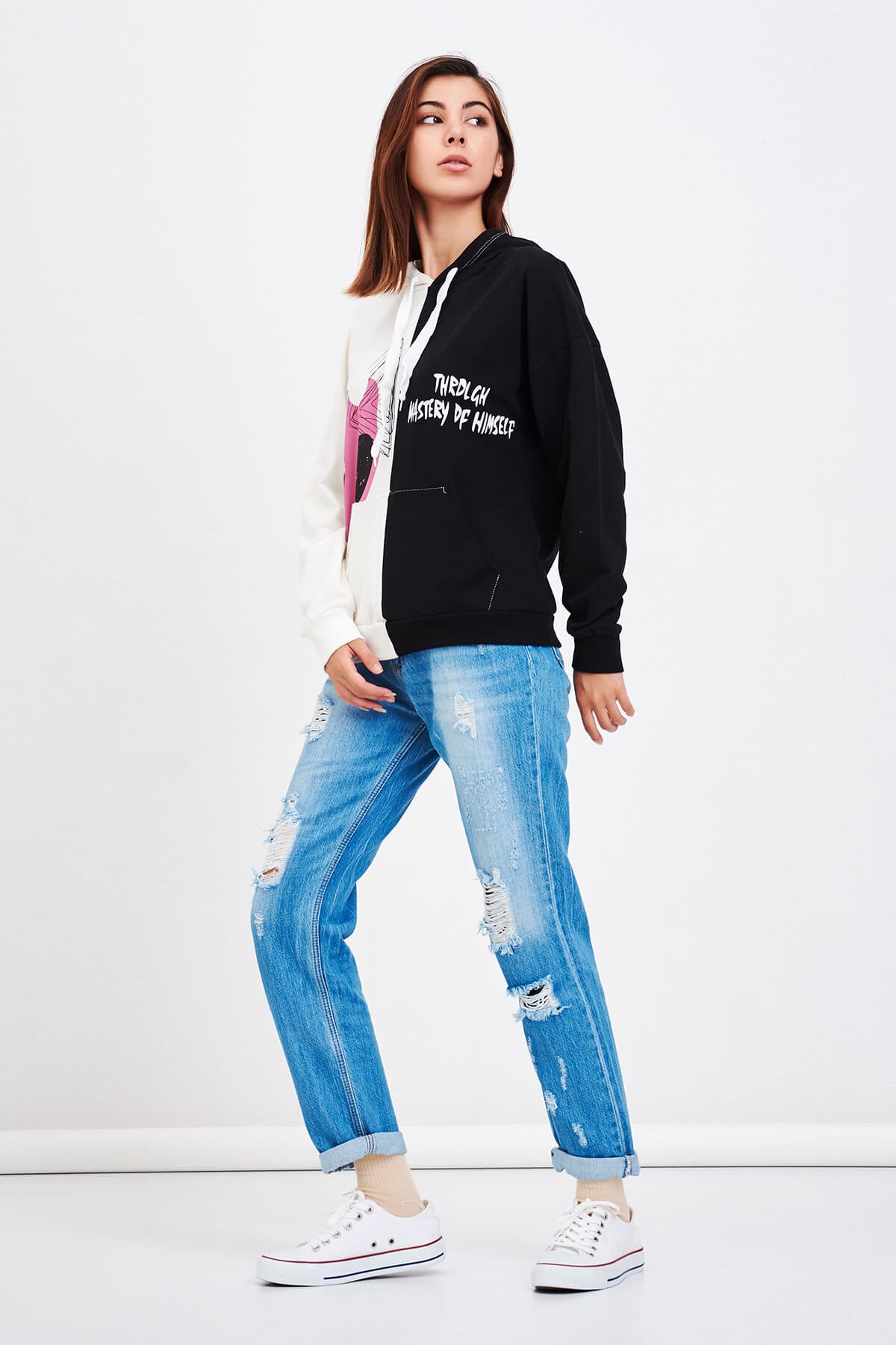 Çift Renk Baskılı Sweatshirt Siyah