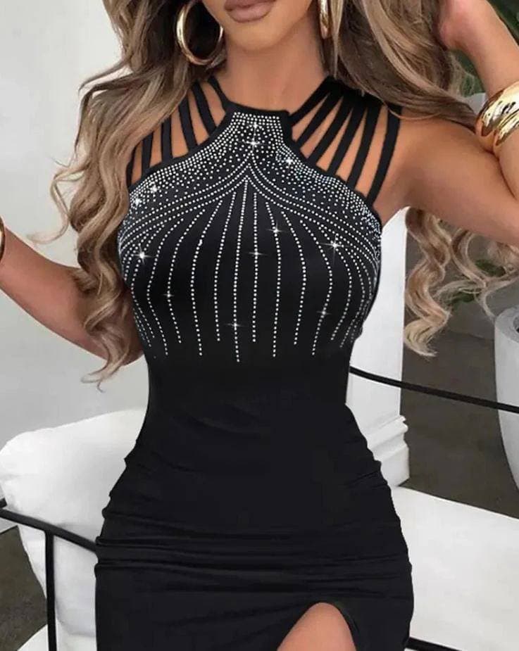 Kadın Full Likralı Sandy Kumaş Taş Detaylı Yırtmaç Dekolteli Maxi Boy Elbise