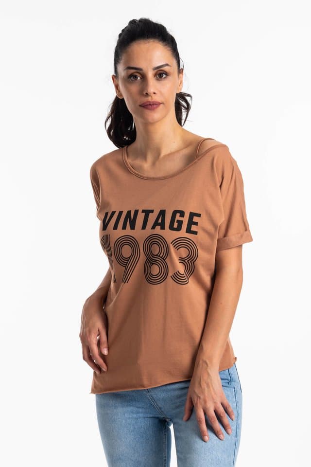 Düşük Omuz Vintage T-Shirt Taba