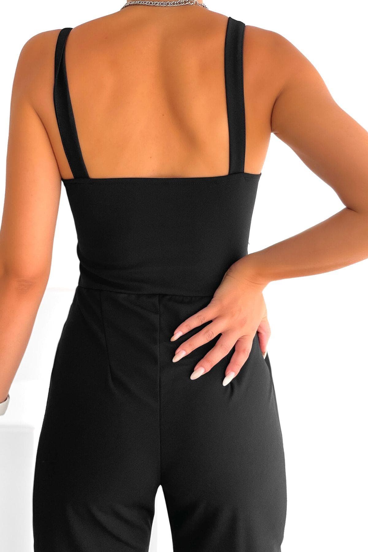 Askılı Göğüs Detaylı Krep Tulum Siyah