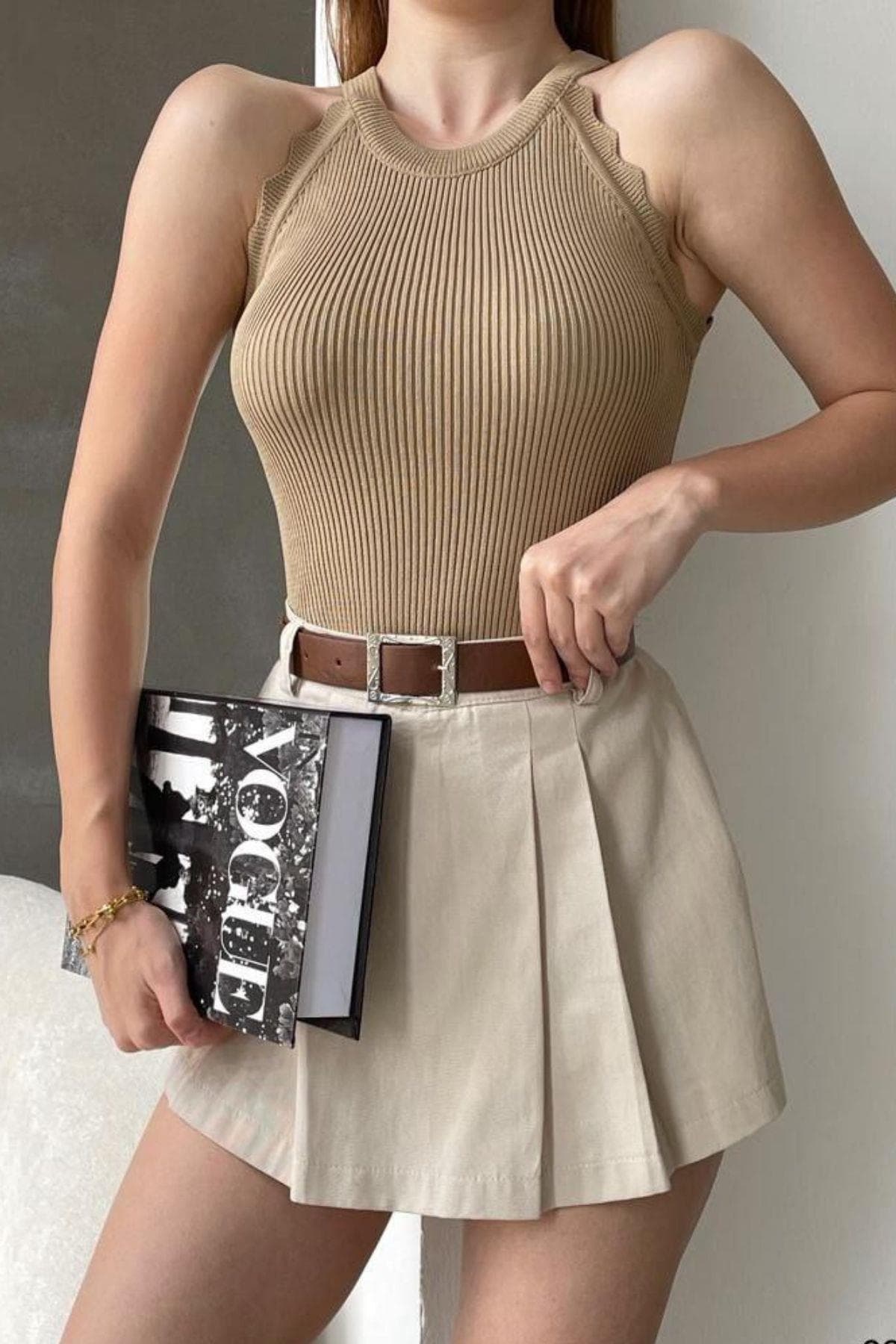 Halter Yaka Zikzak Detaylı Triko Bluz Vizon