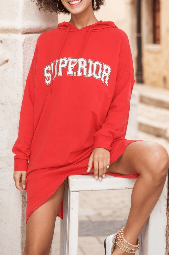 Baskılı Kapşonlu Sweat Kırmızı