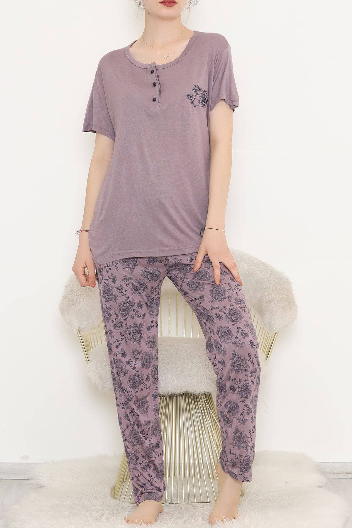 Desenli Pijama Takımı Eflatun