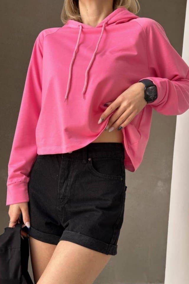 Kapşonlu İki İplik Sweatshirt Kadın Sweat Pembe