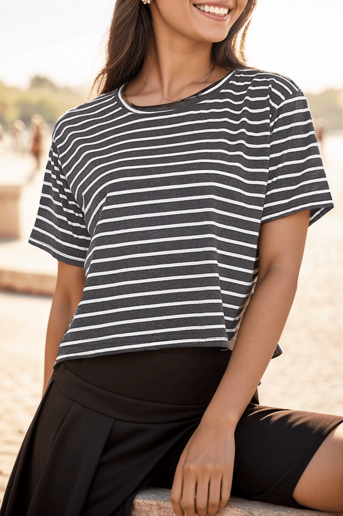 Çizgili Crop Tişört Fümebeyaz