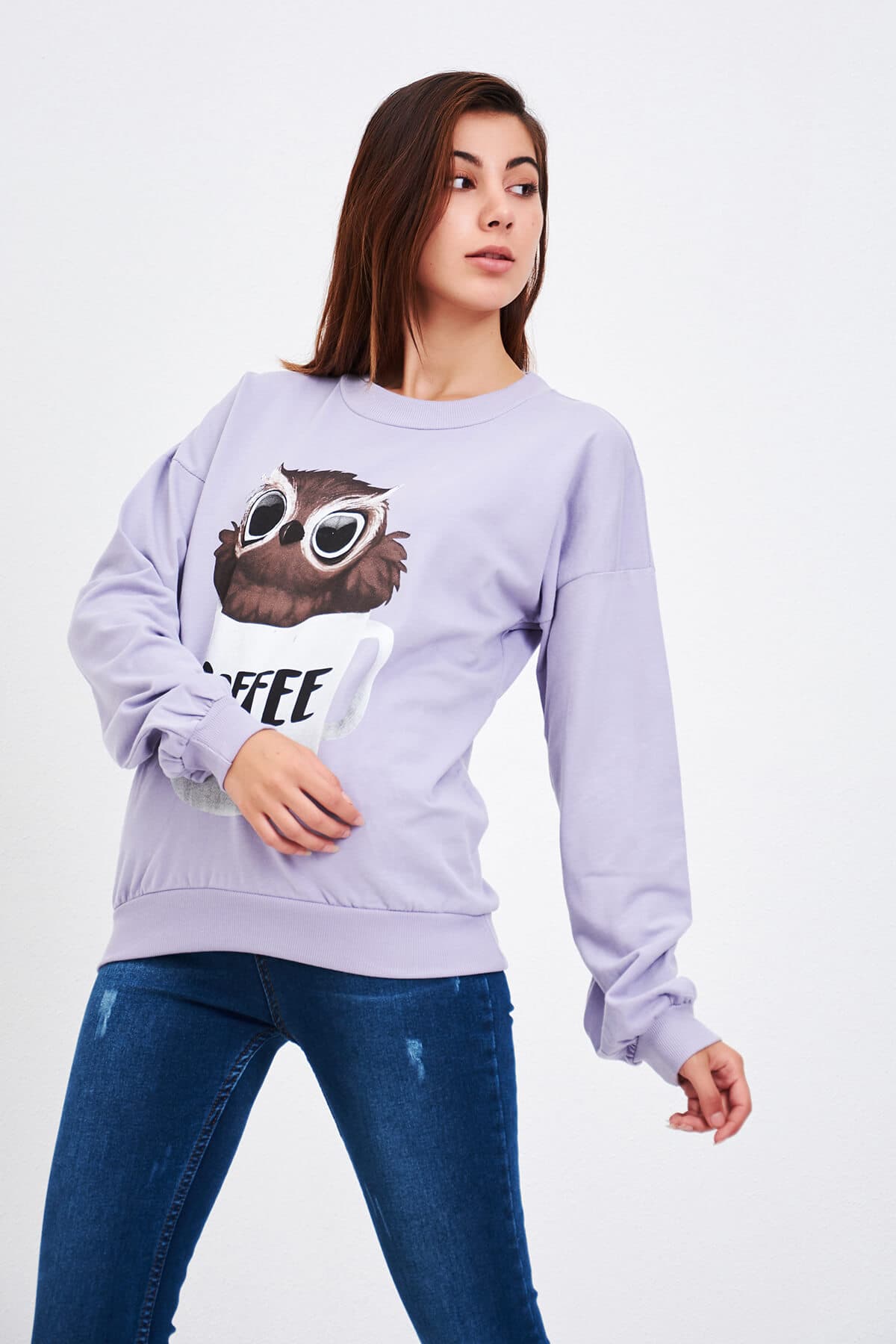 Baykuş Baskılı Sweat Lila