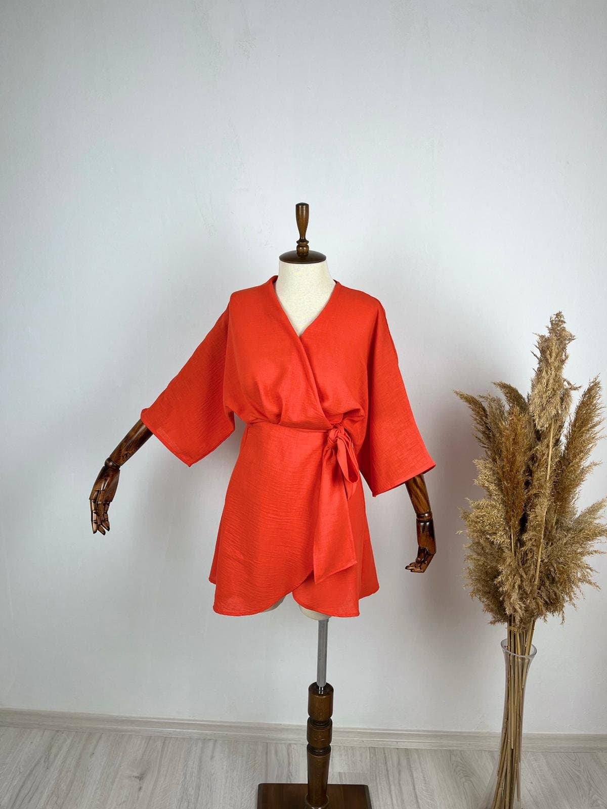 Kadın Fakir Kol Fiyonk Fetay Keten Kumaş Mini Kimono Elbise