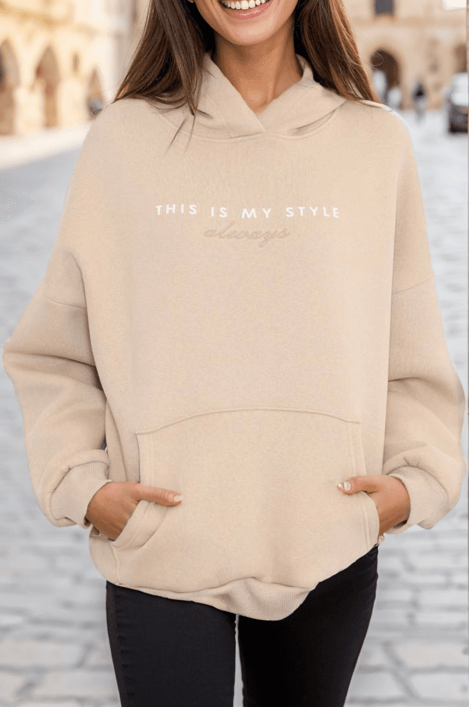 Baskılı Kapşonlu Sweat Bej