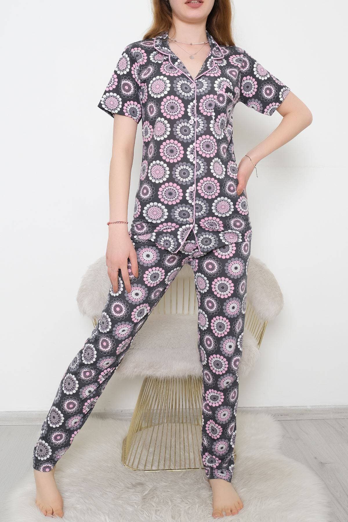 Düğmeli Pijama Takımı Fümepembe