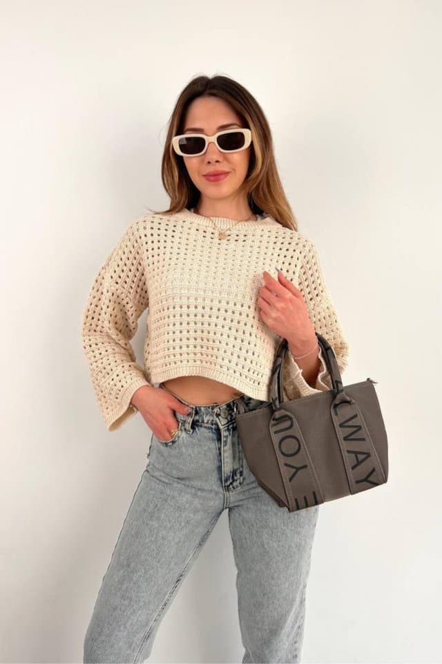 Fitilli Uzun Kollu Crop Bej