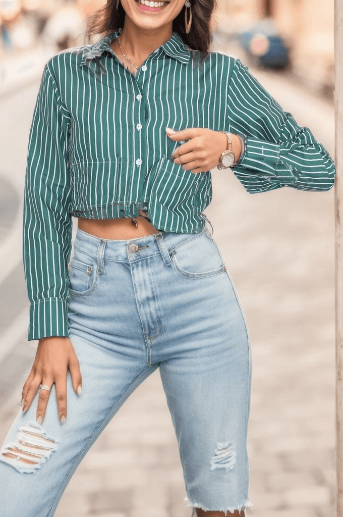 Çizgili Crop Gömlek Yeşilbeyaz