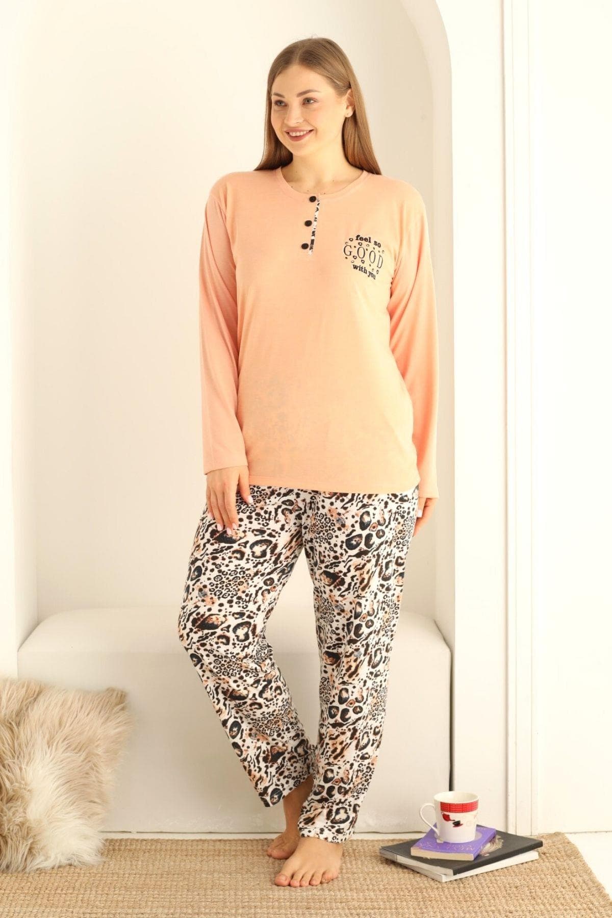 Düğmeli Uzun Kollu Büyük Beden Pijama Takımı Somon